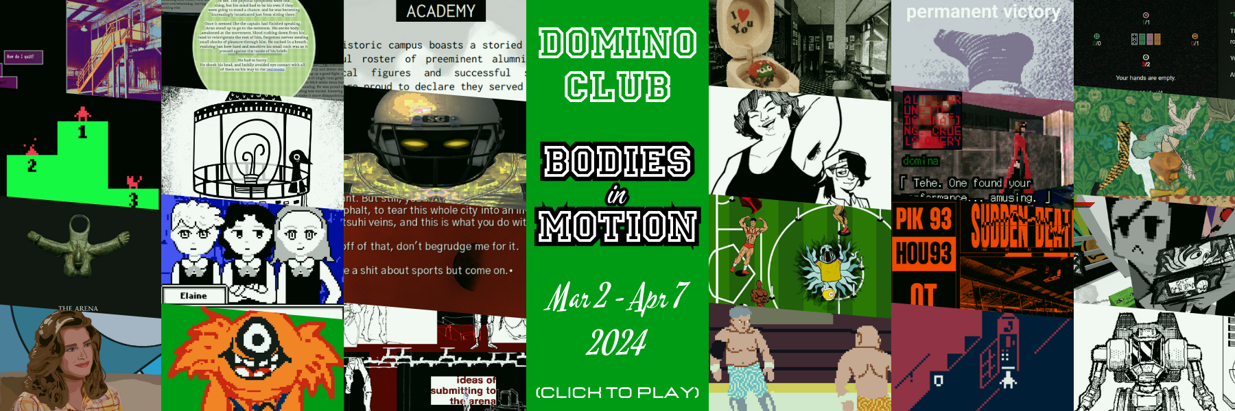 collage of game screenshots: Bodies in Motion Jam. Mar 2 - Apr 8, 2024. CLICK TO PLAY GAMES