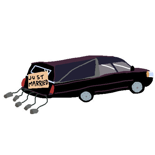 a hearse with just married sign and trailing tin cans