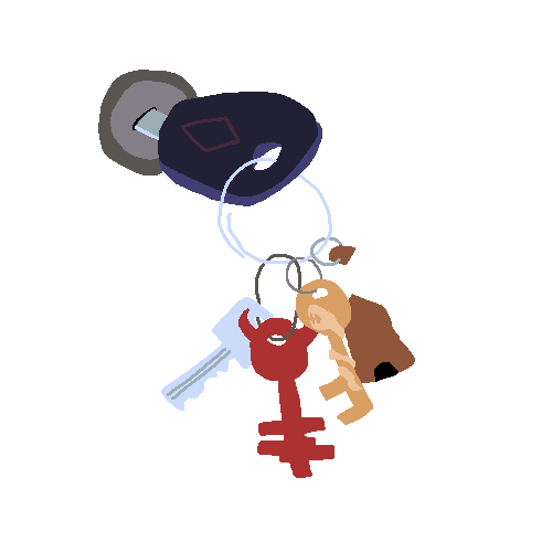 car key in ignition with windmill ornament on the keychain