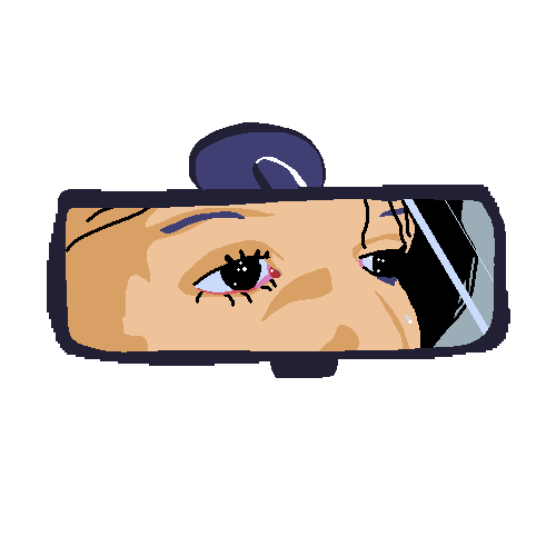 tearful girl seen through car rearview mirror
