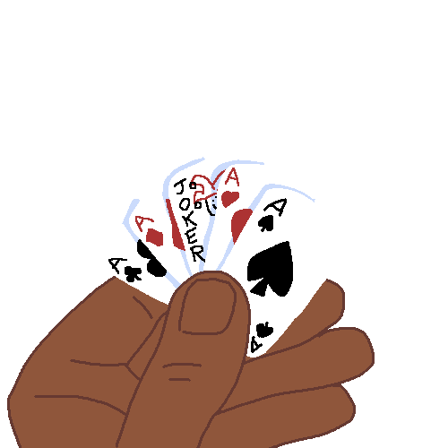 a human hand holding a hand of four aces and a joker