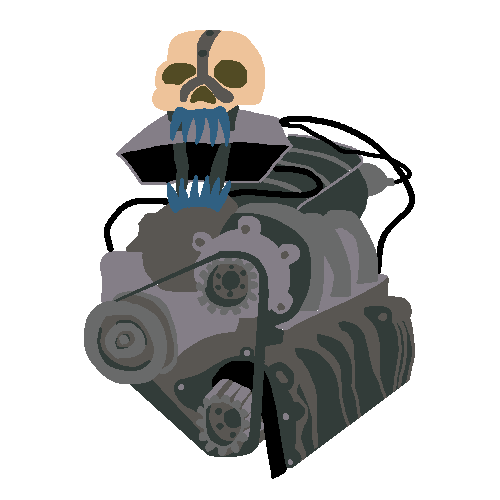 a huge fucking car engine with a skull mask on top