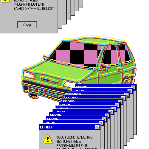 a glitchy car surrounded by error messages