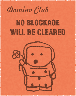 monopoly chance card "NO BLOCKAGE WILL BE CLEARED" with mr domino mascot wearing a hazmat suit