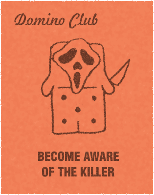 monopoly chance card "BECOME AWARE OF THE KILLER" with mr domino mascot with a scream mask and kitchen knife